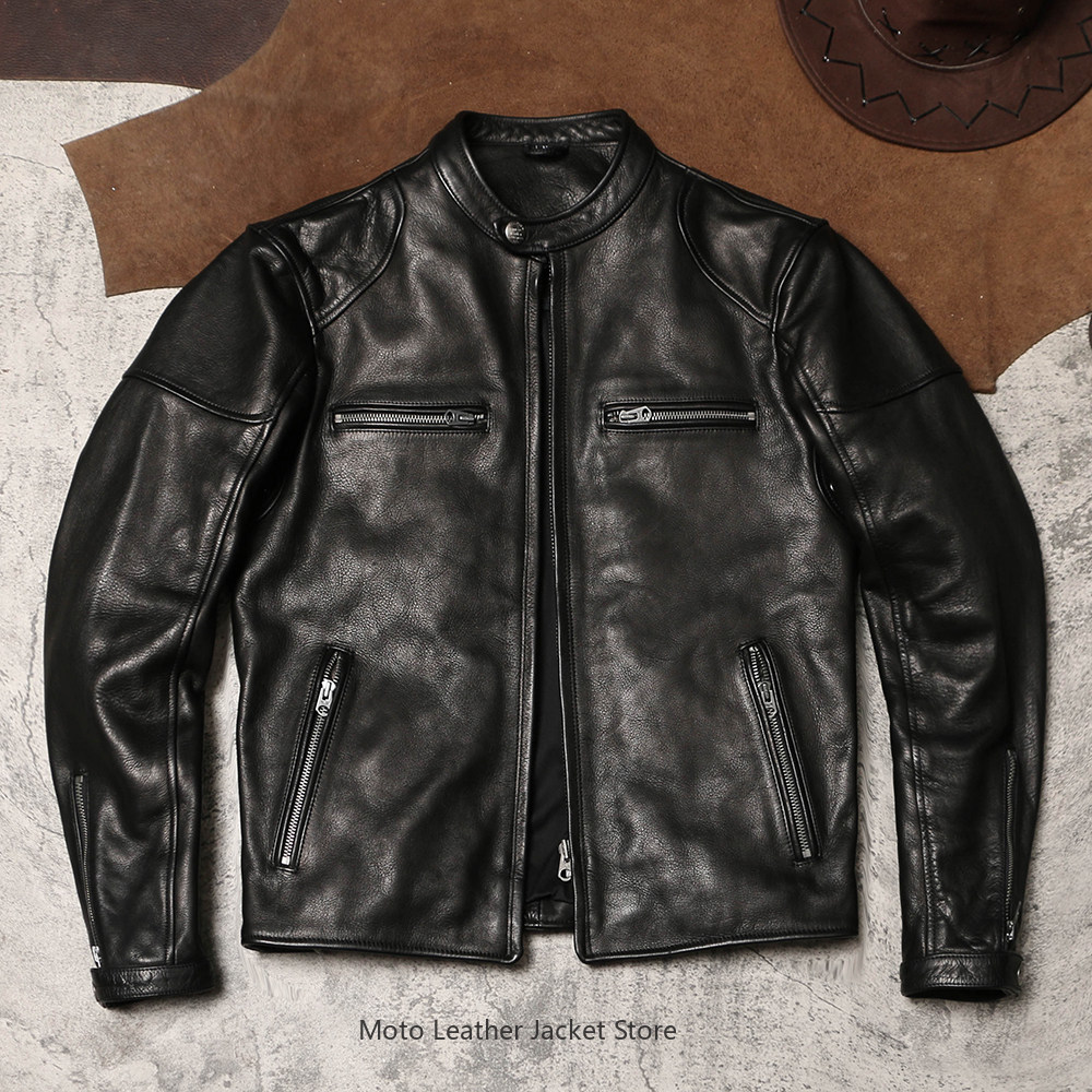 Riding Jacket Leather - J100 Stand Collar Slim Biker Real