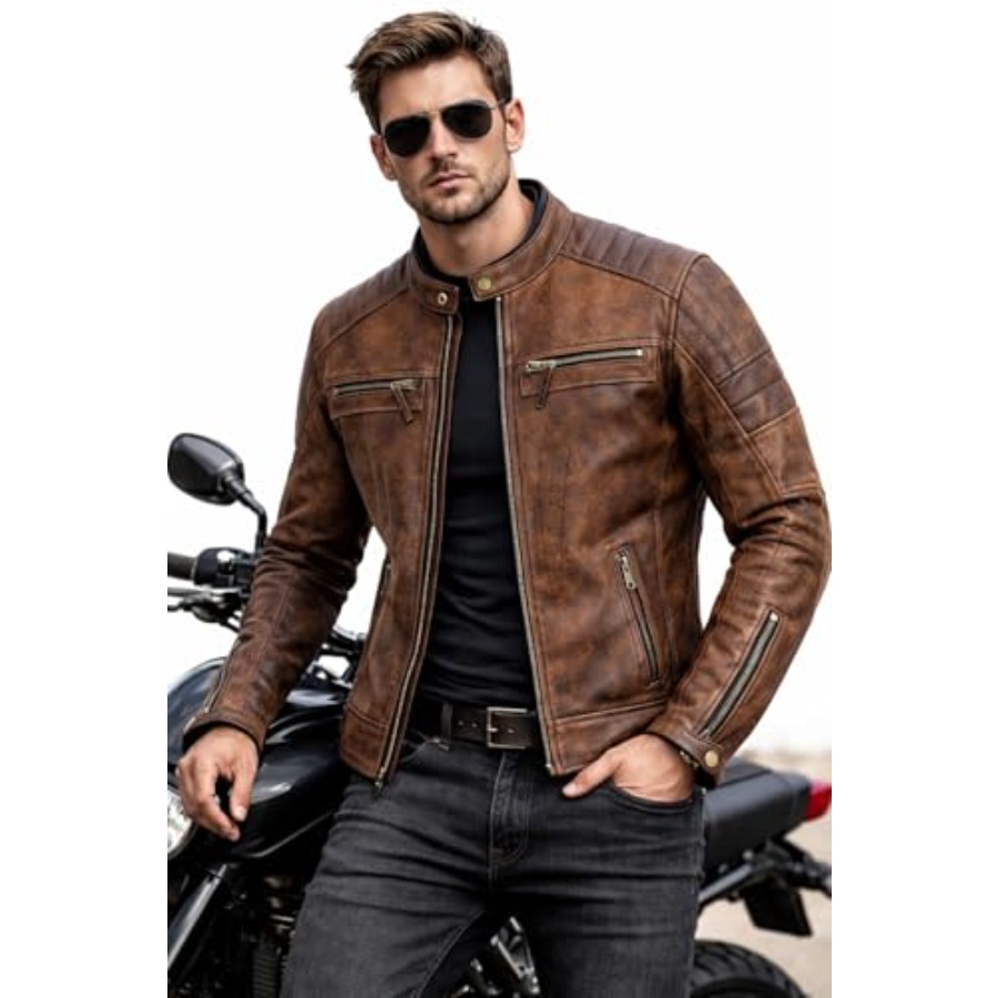 Men's Leather Motorcycle Jacke - Riding Jacket Leather reseña y precio